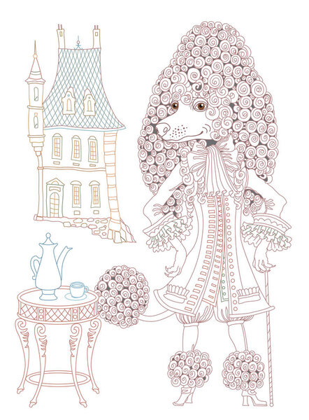 Fairy tale poodle dog character dressed in a vintage costume with coffee crockery. Linear colorful contour doodle sketch. Anti stress adults and children coloring book page 