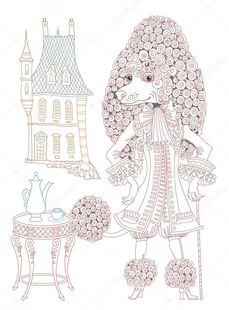 Fairy tale poodle dog character dressed in a vintage costume with coffee crockery. Linear colorful contour doodle sketch. Anti stress adults and children coloring book page 