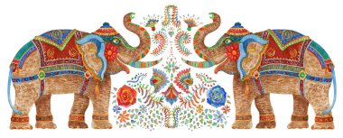 Eski bir düğün hediyesi, davetiye, suluboya, fantezi filler, beyaz bir arka planda altın renkli çiçek buketi olan sevgililer günü kartı.