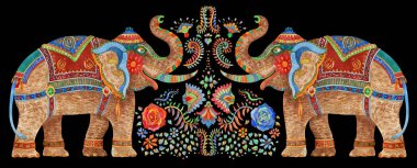 Eski bir düğün hediyesi, davetiye, suluboya, fantezi filler, siyah arka planda altın renkli desenli çiçek buketi olan sevgililer günü kartı.