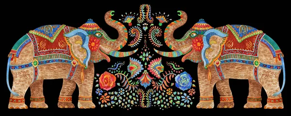 Eski bir düğün hediyesi, davetiye, suluboya, fantezi filler, siyah arka planda altın renkli desenli çiçek buketi olan sevgililer günü kartı.