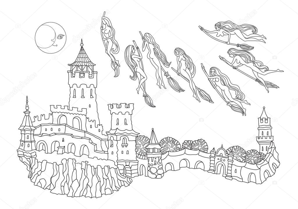 Vector outline contoured fantasy landscape, fairy tale small town medieval castle on the hill, witches flying on the broom to Sabbath. Black and white T shirt print, Adults Coloring Book page 