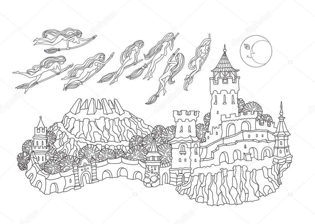 Vector outline contoured fantasy landscape, fairy tale small town medieval castle on the hill, witches flying on the broom to Sabbath. Black and white T shirt print, Adults Coloring Book page 