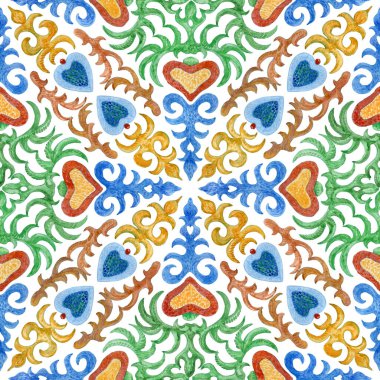 Sicilya Akdeniz majolika seramik resim tarzında el çizimi ve çiçekli İtalyan fayansı. Beyaz bir arkaplanda duvar dekoru, batik, halı izi.