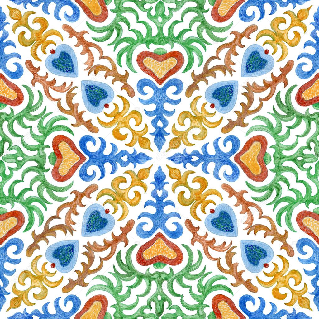 Watercolor painted Italian tile with hand drawn geometrical and floral ornaments in Sicilia Mediterranean majolica ceramic painting style.Wall decor, batik, carpet print isolated on a white background
