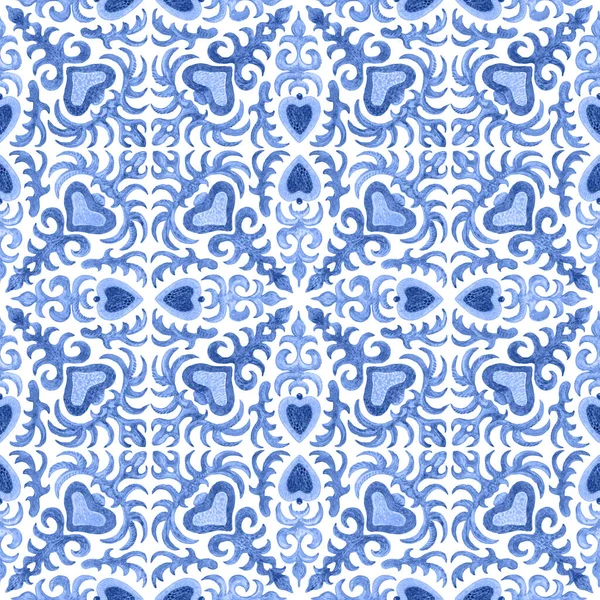 手描きの幾何学的および花の藍青の装飾が施された水彩画は 地中海のマヨリカのセラミック絵画スタイルでスペインのタイルを描いた 壁紙のドア バティック カーペットプリントは白い背景に隔離されています — ストック写真
