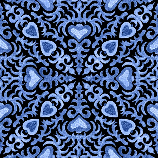 Akvarell Festett Spanyol Csempe Kézzel Rajzolt Geometriai Virágos Indigó Kék — Stock Fotó