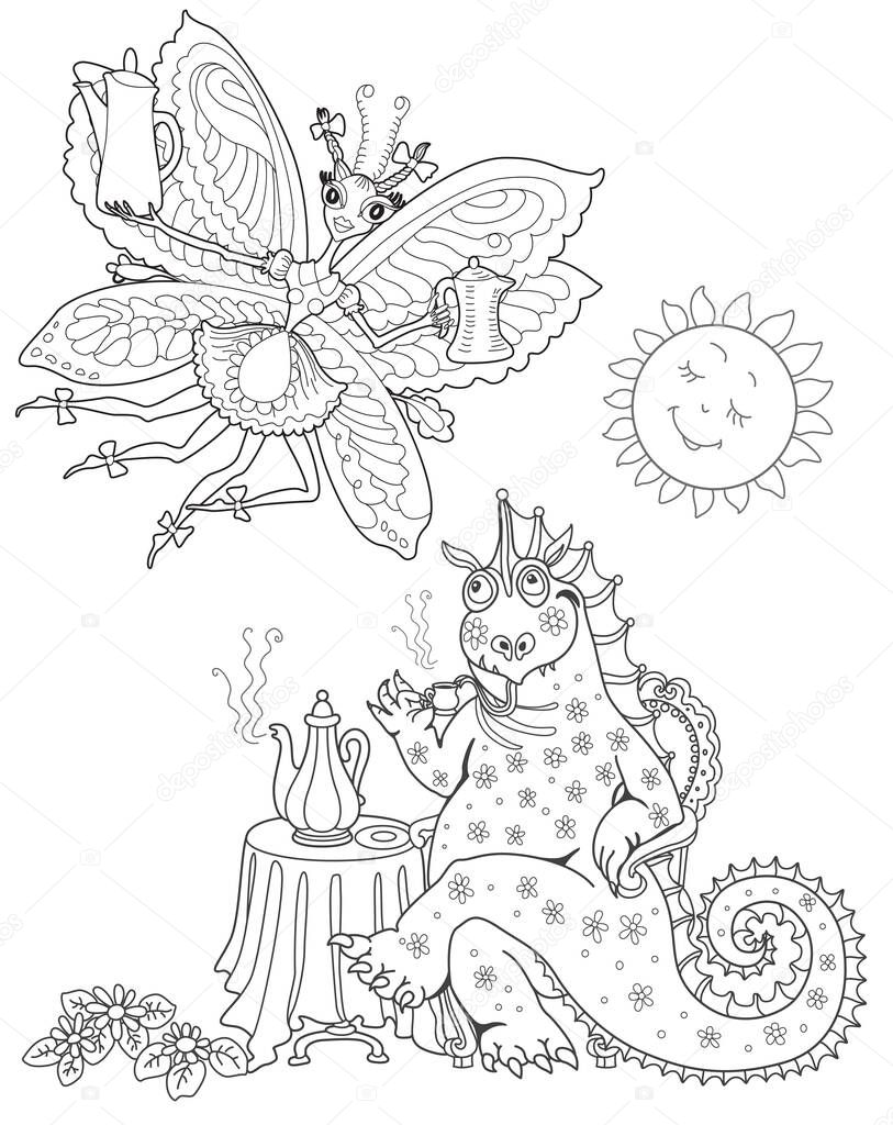 Funny fairy tale dragon drinking coffee and fantasy butterfly pixie women with coffee pot. Linear black and white doodle sketch. Adults coloring book page, poster, caf menu book cover