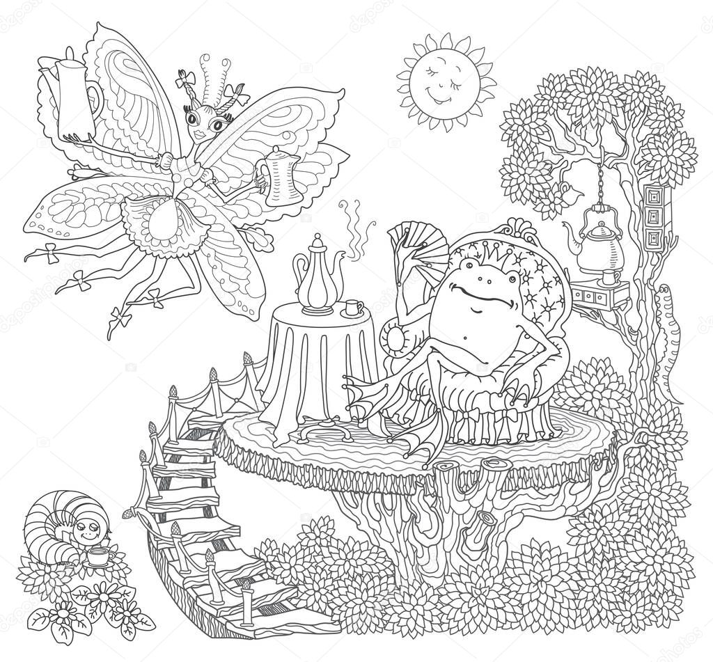 Fairy tale butterfly pixie women with coffee pot and funny happy frog in arm-chair drinking coffee. Linear black and white doodle sketch. Adults coloring book page, poster, caf menu book cover