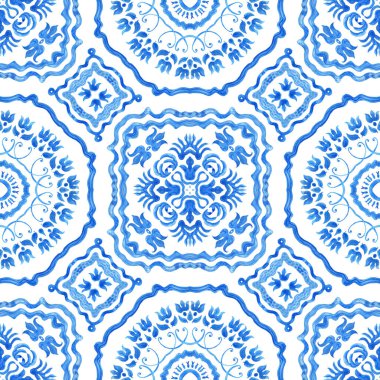 Beyaz bir arka planda suluboya çivit mavisi renkte, dikişsiz desen. El çizimi Barok ve Akdeniz majolika seramik resim tarzında çiçekli fayanslar. Batik duvar kağıdı