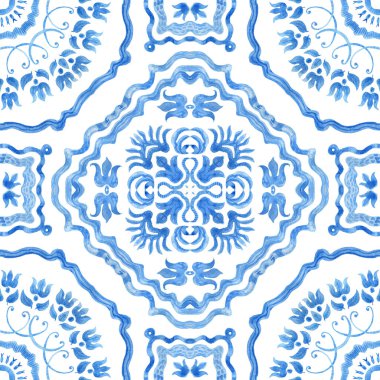 Beyaz bir arka planda suluboya çivit mavisi renkte, dikişsiz desen. El çizimi Barok ve Akdeniz majolika seramik resim tarzında çiçekli fayanslar. Batik duvar kağıdı