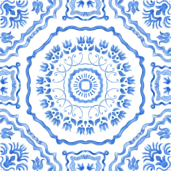 Akwarela Malowane Indygo Niebieski Damask Bezszwowy Wzór Białym Tle Hiszpański — Zdjęcie stockowe