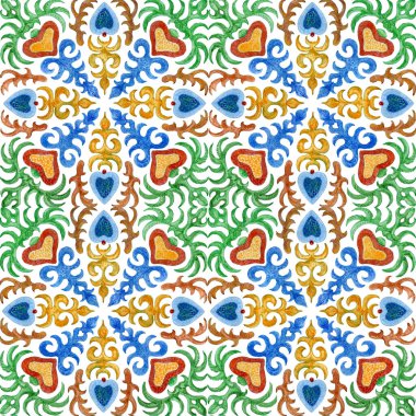 Sicilya Akdeniz majolika seramik resim tarzında el çizimi geometrik ve çiçek süslemeleri olan kusursuz suluboya mozaik fayanslar. Duvar kağıdı, batik baskı