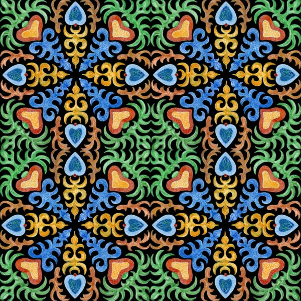 Patrón Sin Costuras Azulejos Mosaico Pintados Acuarela Con Ornamentos Geométricos —  Fotos de Stock