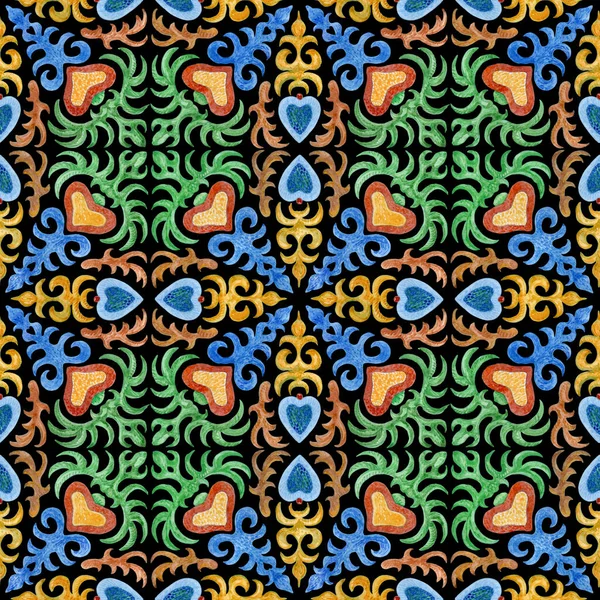 Patrón Sin Costuras Azulejos Mosaico Pintados Acuarela Con Ornamentos Geométricos — Foto de Stock