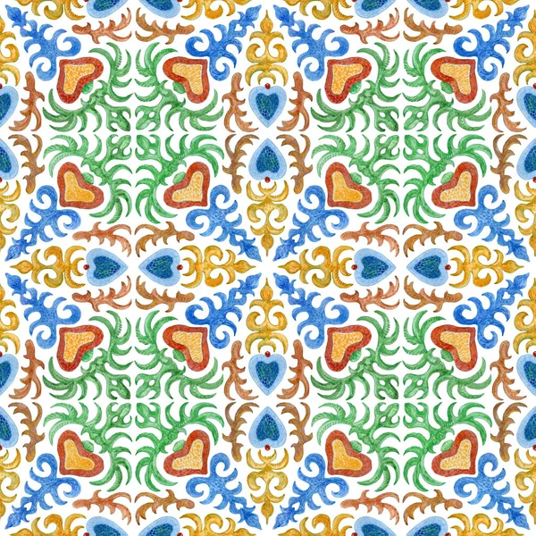 수채화에서 손으로 기하학적 무늬와 모자이크 타일의 무늬는 시칠리아 지중해 Mamaolica — 스톡 사진