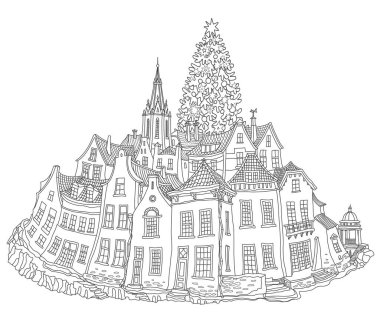 Christmas and New Year greeting, invitation card on a white background. Fairy tale old medieval town street, church, houses, Christmas fir tree dark silver contour vector Christmas and New Year greeting, invitation card on a white background. Fairy tale old medieval town street, church, houses, Christmas fir tree dark silver contour vector