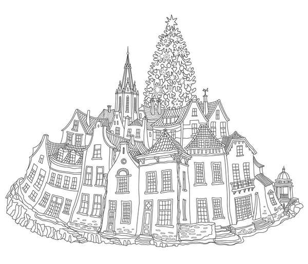 Новогоднее Рождественское Поздравление Приглашение Белом Фоне Сказка Старая Средневековая Улица — стоковый вектор