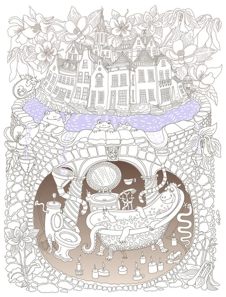 Рисунок Тонкой Линии Вектора Сказка Средневековые Дома Цветы Aquilegia Подземная — стоковый вектор