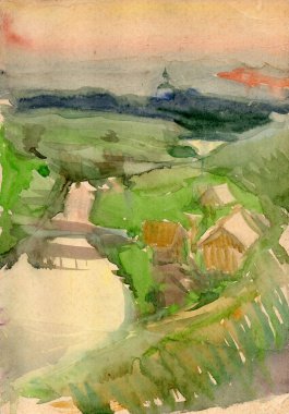 Suluboya günbatımı manzarası. Nehir manzarası, ahşap köprü, eski evler ve kilisenin çan kulesi. Suzdal, Rusya Federasyonu. Renkli illüstrasyon, klasik Paskalya tebrik kartı