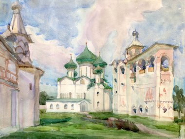 Rusya 'nın Suzdal kentinde, soğan şekilli kubbelerle birlikte geleneksel antik mimari tarzla suluboya manzara. Renkli illüstrasyon, klasik Paskalya tebrik kartı