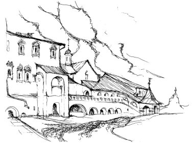 Rusya 'nın Suzdal kentindeki geleneksel Rus mimari tarzında antik binalarla çizilmiş siyah beyaz mürekkep ve kalem çizilmiş el çizimi bir taslak. 