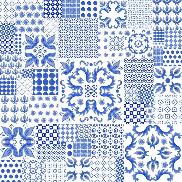 Patrón Mosaico Sin Costuras Acuarela Dibujado Mano Pintado Azulejos Mosaico — Foto de Stock