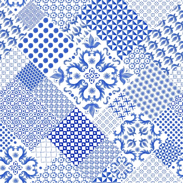 Patrón Mosaico Diagonal Sin Costuras Acuarela Dibujado Mano Pintado Azulejos — Foto de Stock