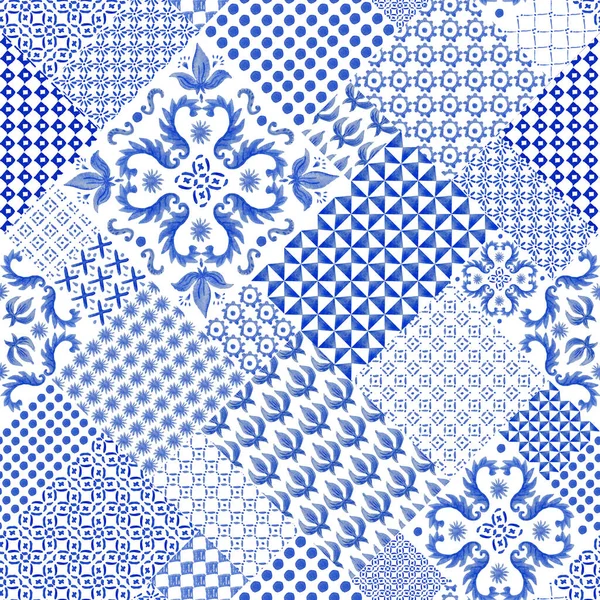 Patrón Mosaico Diagonal Sin Costuras Acuarela Dibujado Mano Pintado Azulejos —  Fotos de Stock