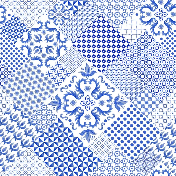 Naadloze Diagonale Patchwork Patroon Aquarel Met Hand Getekend Blauw Mozaïek — Stockfoto