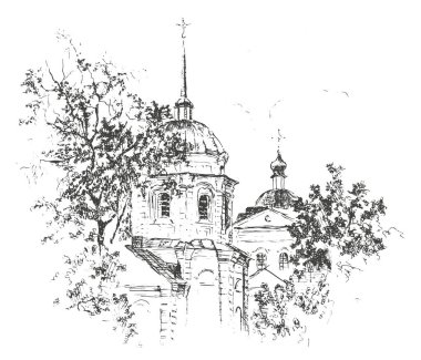 Chernihiv şehrindeki Ukrayna 'daki Diriliş Kilisesi' nin eski bir mimari tarzının el çizimi. Mürekkep ve kalem Siyah ve beyaz karalama çizimi 