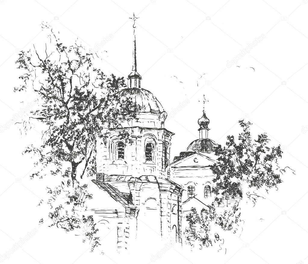 Hand drawn sketch of an ancient architecture style building Resurrection Church in Ukraine in the city of Chernihiv, old street landscape. Ink and pen Black and white doodle illustration 