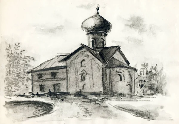 Klasyczny Szkic Ołówka Starym Beżowym Papierze Monochromatyczny Krajobraz Zabytkowym Kościołem — Zdjęcie stockowe