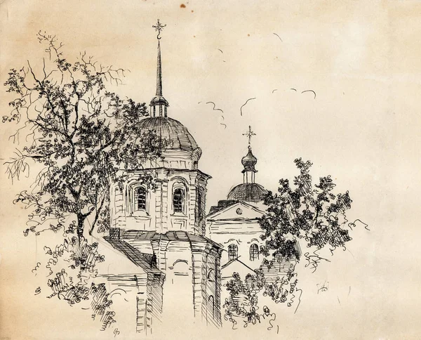 Hand drawn sketch of an ancient architecture style building Resurrection Church in Ukraine in the city of Chernihiv, old street landscape. Ink and pen Black and white doodle illustration