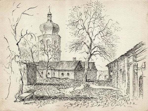 손으로 잉크와 모양의 스케치는 셰르니고프에 수도원의 풍경을 것이다 종이에 그려진 — 스톡 사진
