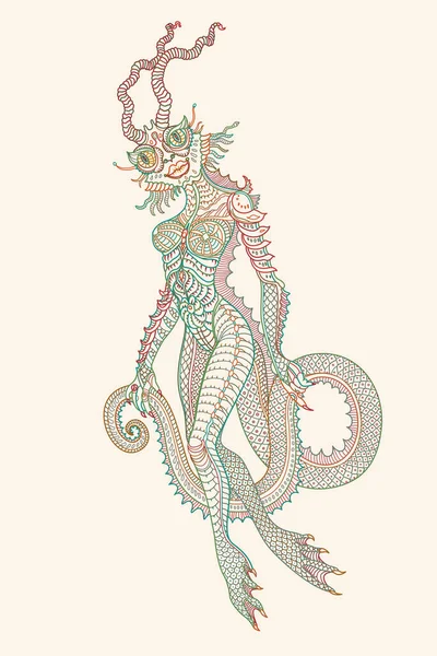 Dibujo Contorno Adornado Vectorial Mujer Reptil Fantasía Sobre Fondo Beige — Archivo Imágenes Vectoriales