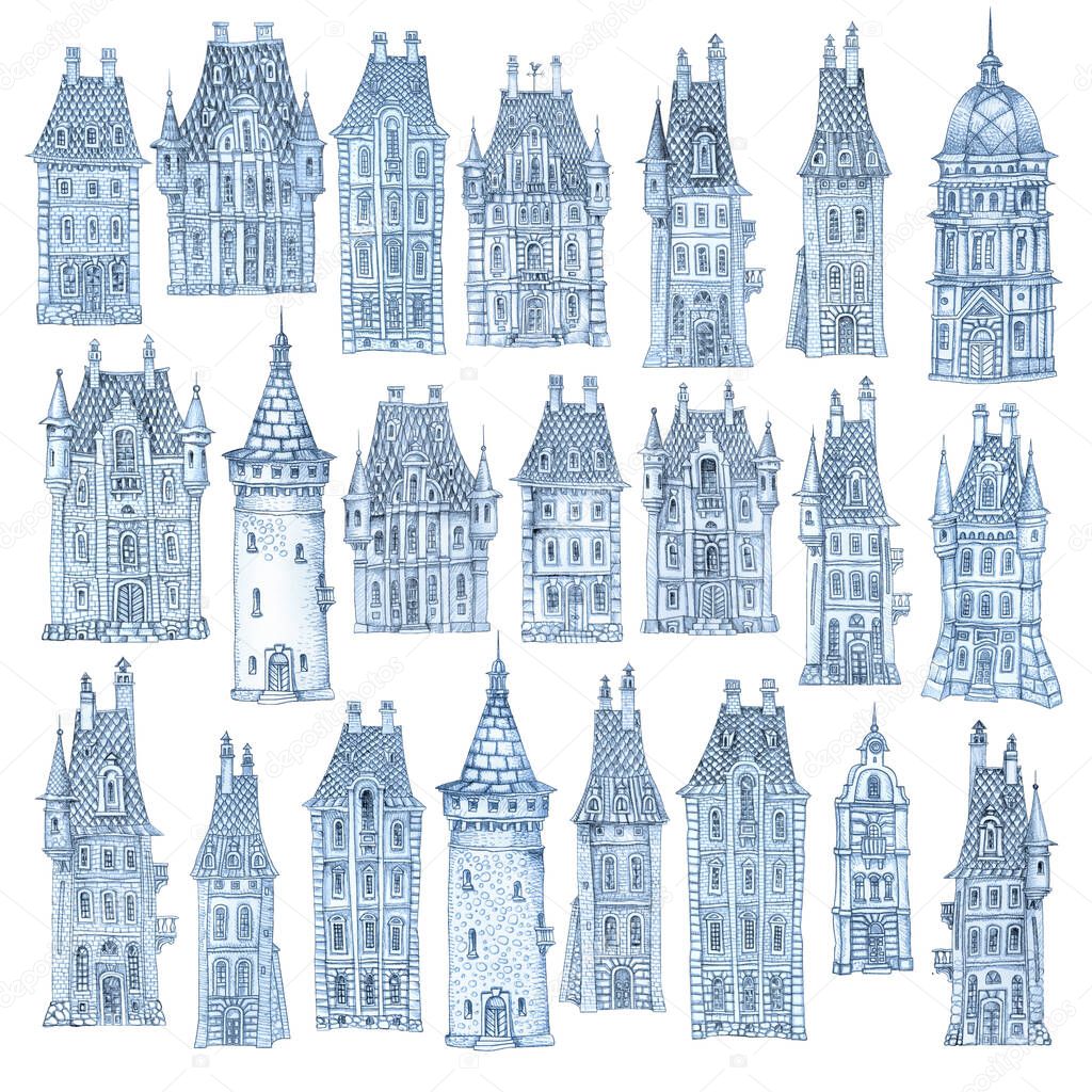 Conjunto de fantasía dibujado a mano bocetos de casas. Castillo de