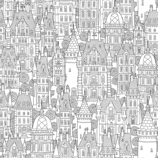 没有缝隙的奇幻风景 童话城堡 中世纪的古镇 公园树木 手绘草图 房子和塔的轮廓 给成人的书页涂色 黑白相间的涂鸦 — 图库矢量图片