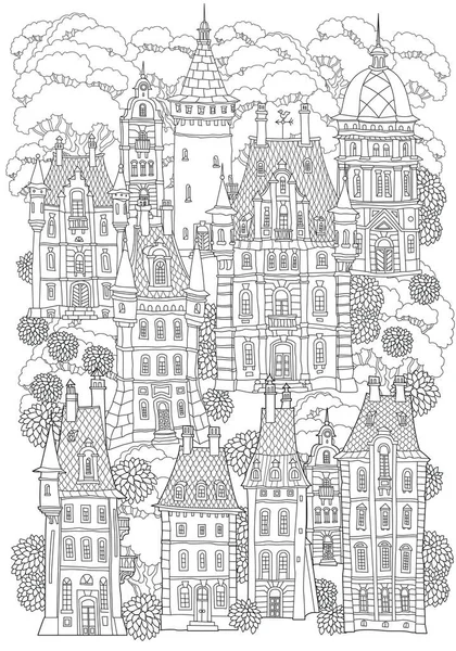 幻想景观 童话城堡 中世纪的古镇 公园树木 手绘草图 房子和塔的轮廓 T恤打印 专辑封面 给成人的书页涂色 黑白相间的涂鸦 — 图库矢量图片