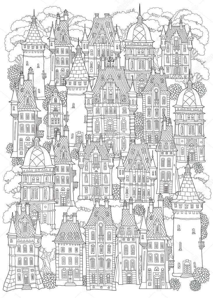 Fantasy landscape. Fairy tale castle, old medieval town, park trees. Hand drawn sketch, house and tower silhouette. T-shirt print. Album cover. Coloring book page for adults. Black and white doodle