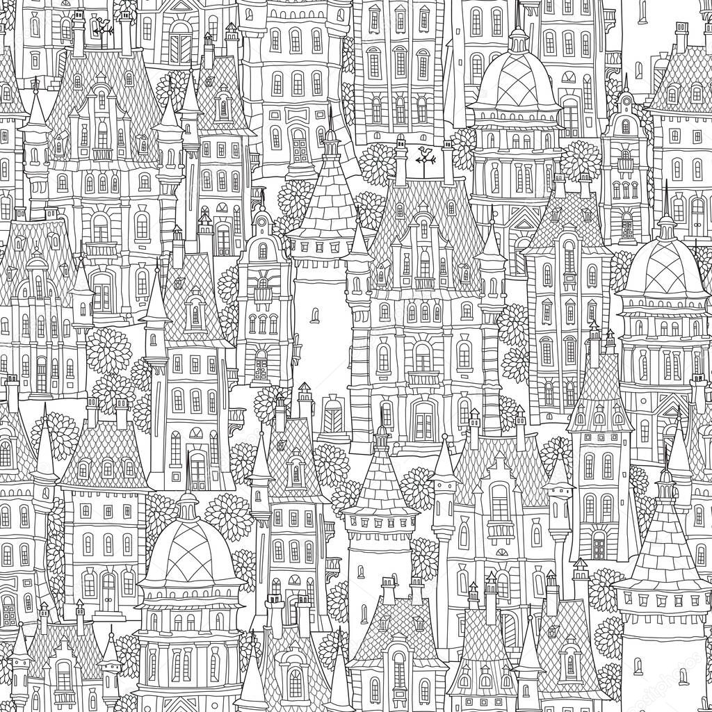 Seamless pattern of fantasy landscape. Fairy tale castle, old medieval town, park trees. Hand drawn sketch, house and tower silhouette. Coloring book page for adults. Black and white doodle