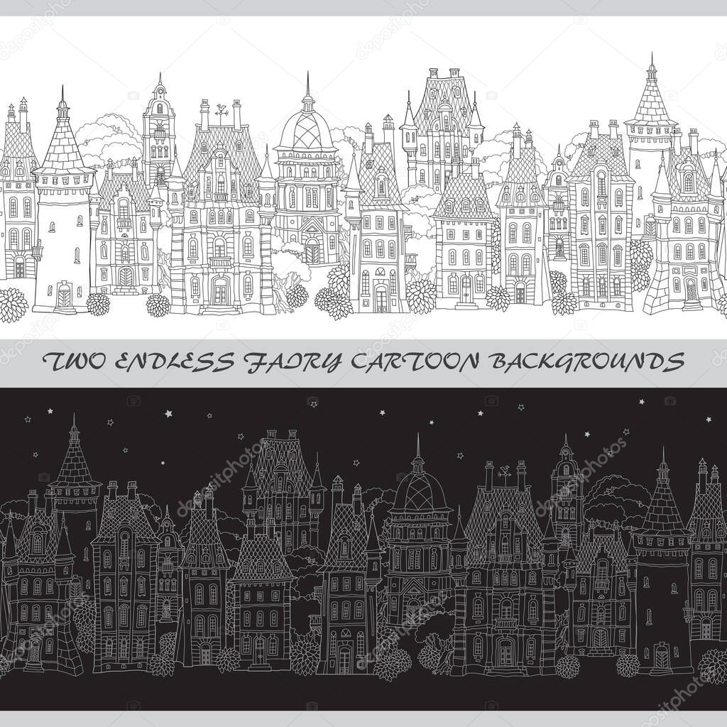 Two vector endless borders. Black and white doodle. Day, night. Fantasy landscape. Fairy tale castle panorama, old medieval town street. Hand drawn sketch, house and tower. Dark sky, stars