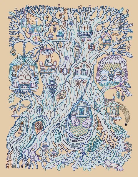 Hand drawn fantasy old tree with fairy tale house. Linear colorful contour sketch on a beige background. Adults and children Coloring book page, quarantine isolation period concept