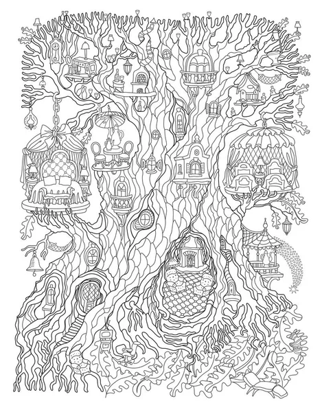Vector hand drawn fantasy old tree with fairy tale house. Linear contour sketch black and white background. Adults and children Coloring book page, quarantine isolation period concept