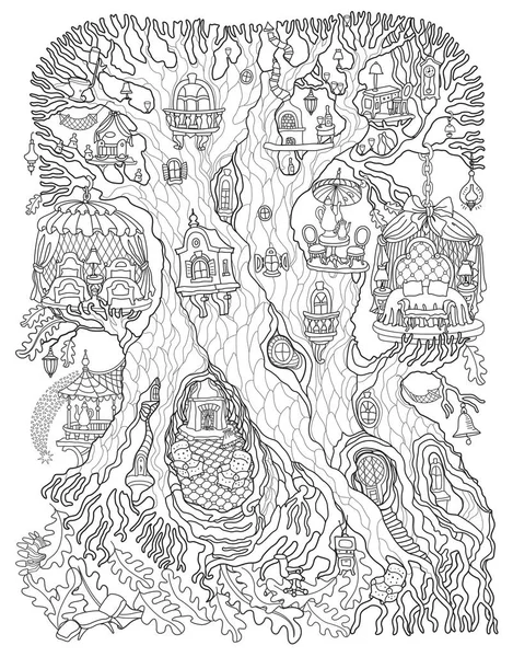 Vector Hand Drawn Fantasy Old Tree Fairy Tale House Linear — ストックベクタ