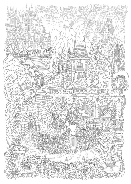 幻想景观 童话城堡山上的一座小山 仙境森林 花园玫瑰 百合花 T恤打印 专辑封面 给成人的书页涂色 黑人和白人 — 图库矢量图片