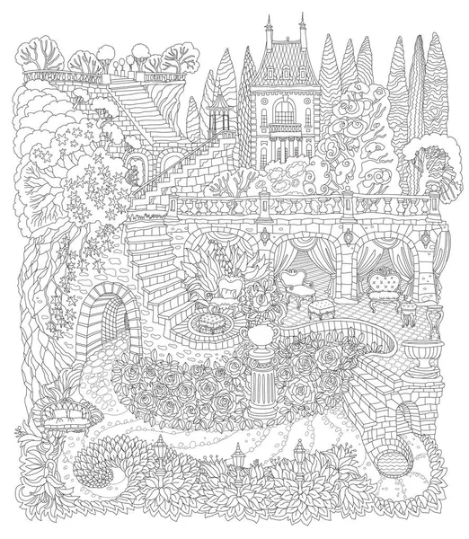 Фантастичний Пейзаж Казковий Замок Пагорбі Горах Кам Яні Сходи Грот — стоковий вектор