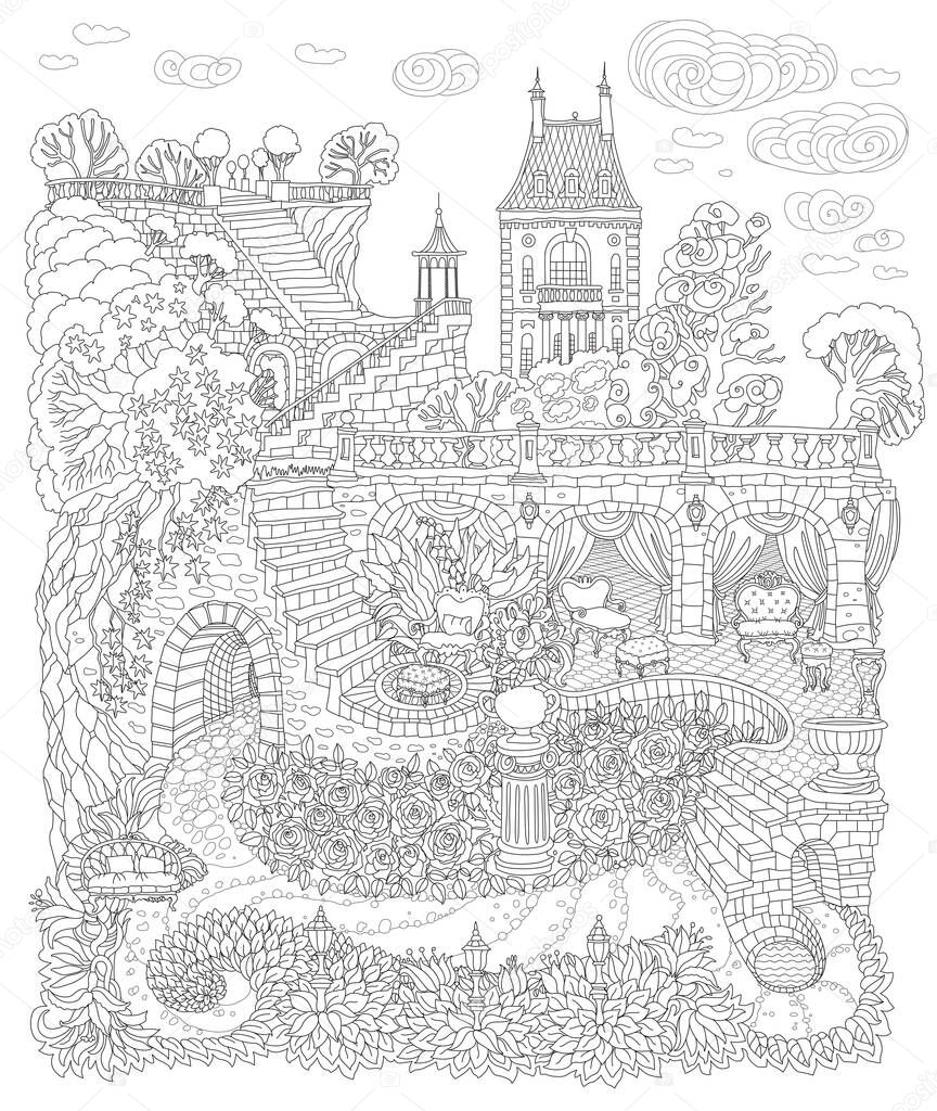 Fantasy landscape with flying clauds, Fairy tale castle, palace, stone staircase, grotto, garden roses, lilies. Black and White T-shirt print. Coloring book page for adults. 