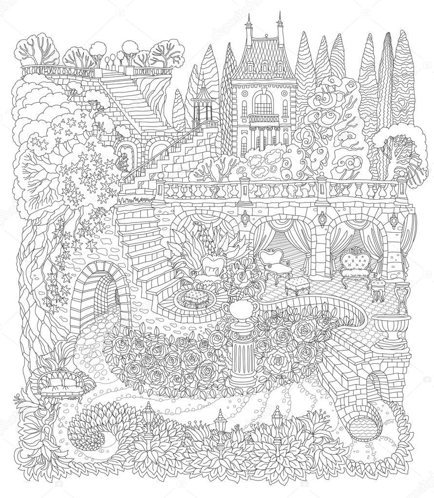 Fantasy landscape. Fairy tale castle on a hill in the mountains, stone staircase, grotto, pixie forest, garden roses, lilies. T-shirt print. Album cover. Coloring book page for adults. Black and White