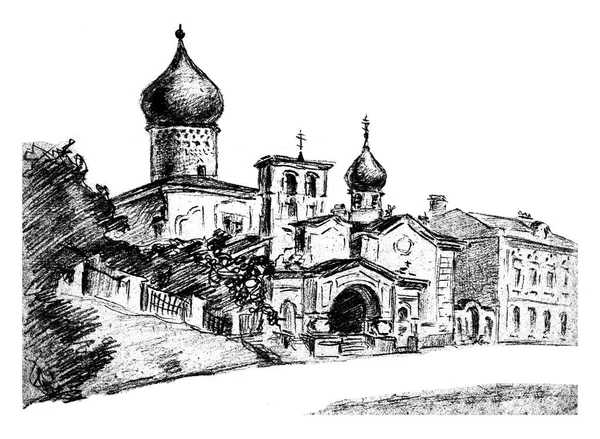 在俄罗斯普斯科夫市 黑白相间的墨水和笔迹与古老的圣瓦莱安教堂的风景素描是俄罗斯传统建筑风格 — 图库照片